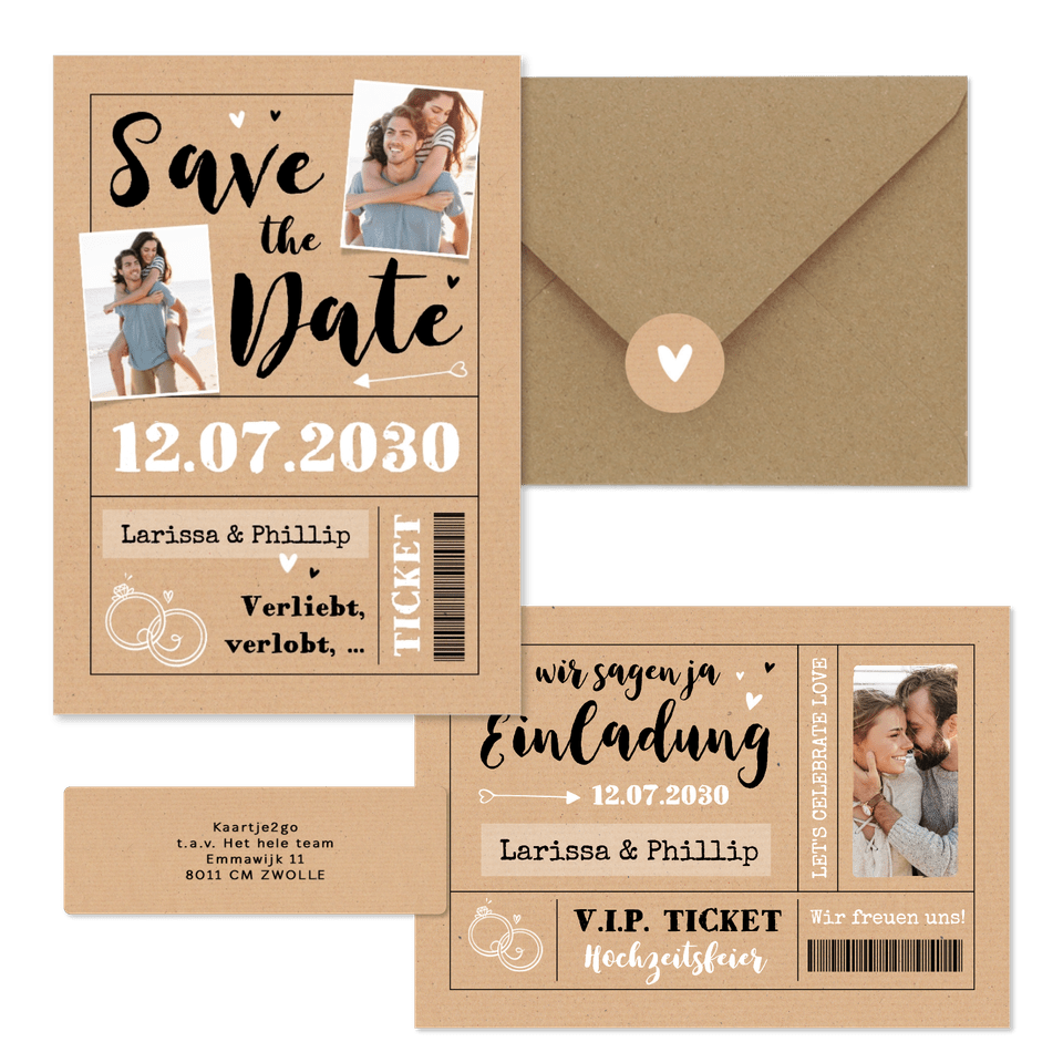 Hochzeitskarten als Ticket-Set in Kraftpapier