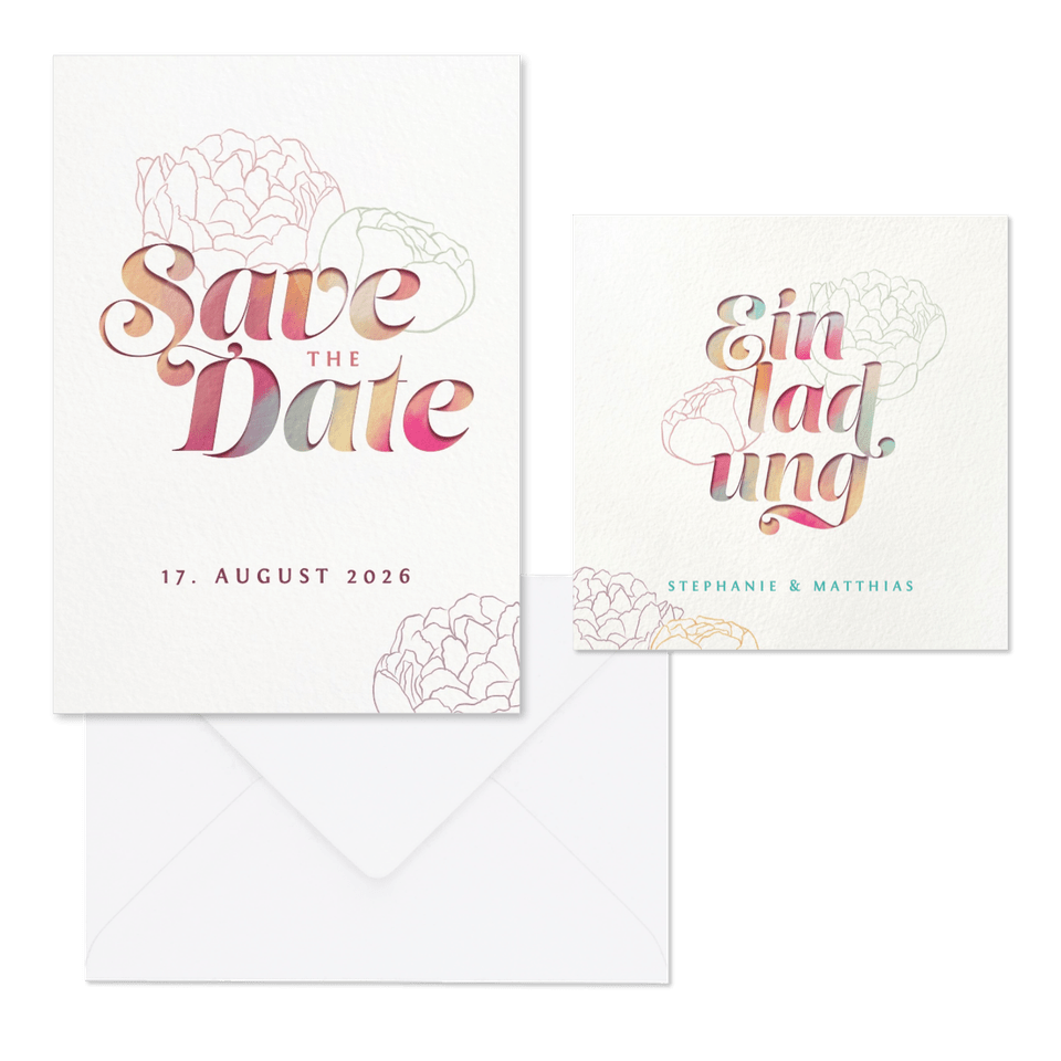 Hochzeitskartenset Bunte Papeterie mit Pfingstrosen