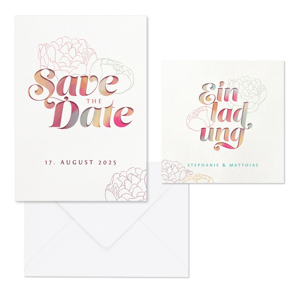 Hochzeitskartenset Bunte Papeterie mit Pfingstrosen