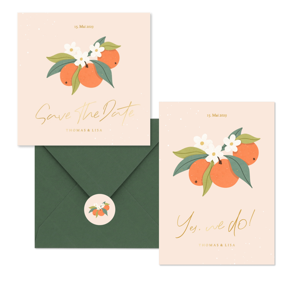 Hochzeitskartenset Orangen mit Orangenblüten