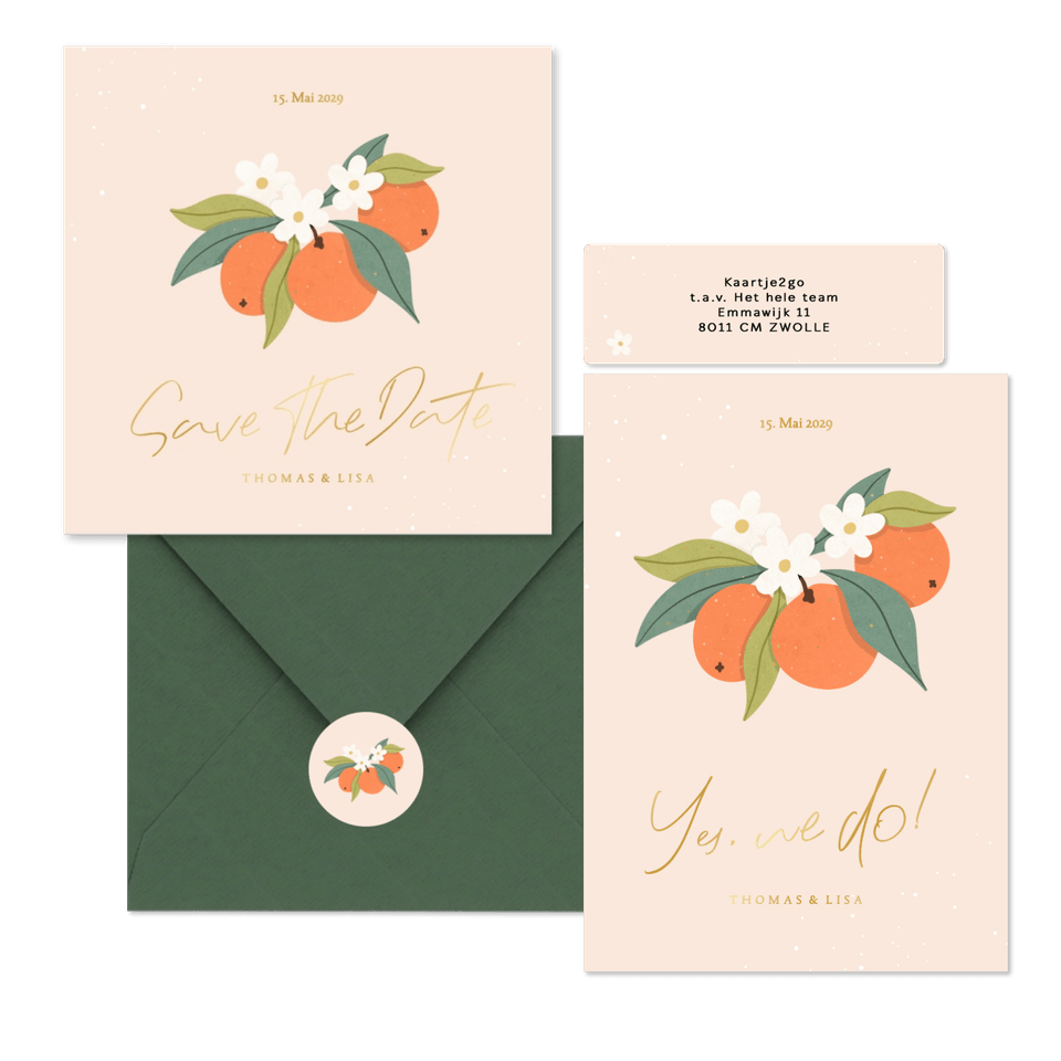 Hochzeitskartenset Orangen mit Orangenblüten