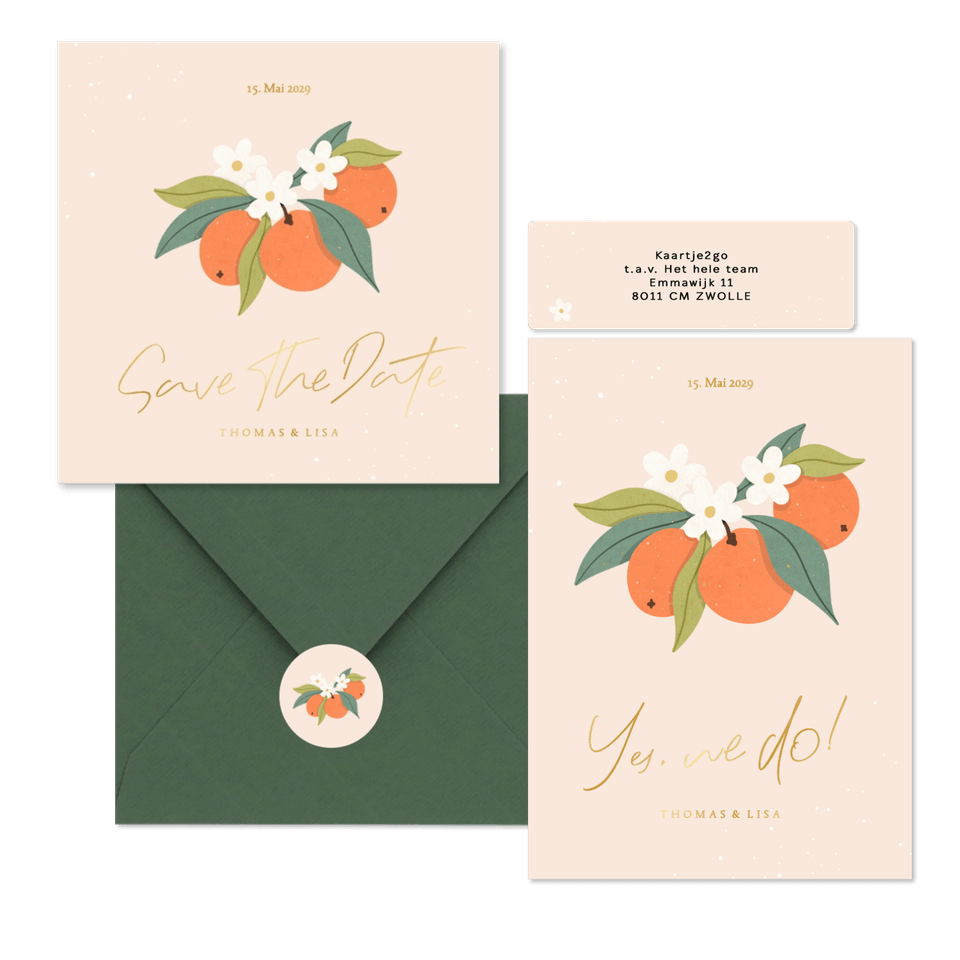 Hochzeitskartenset Orangen mit Orangenblüten 