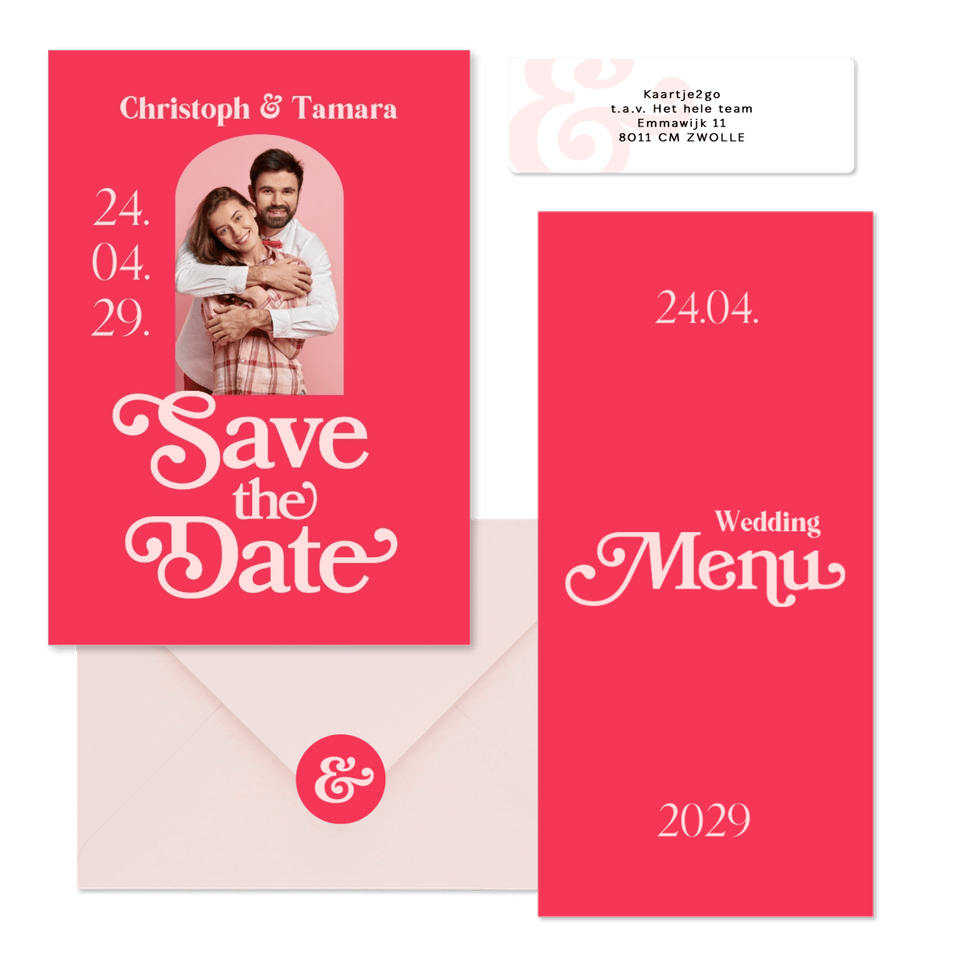 Hochzeitskartenset in Pink Retro mit Foto