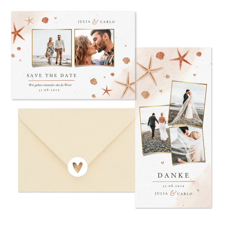 Hochzeitskartenset Seesterne und Sand