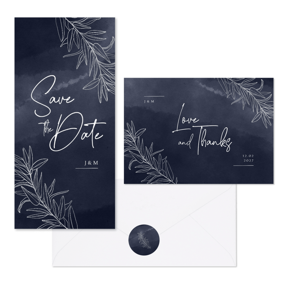Hochzeitskartenset feine Zweige auf Aquarell in Nachtblau