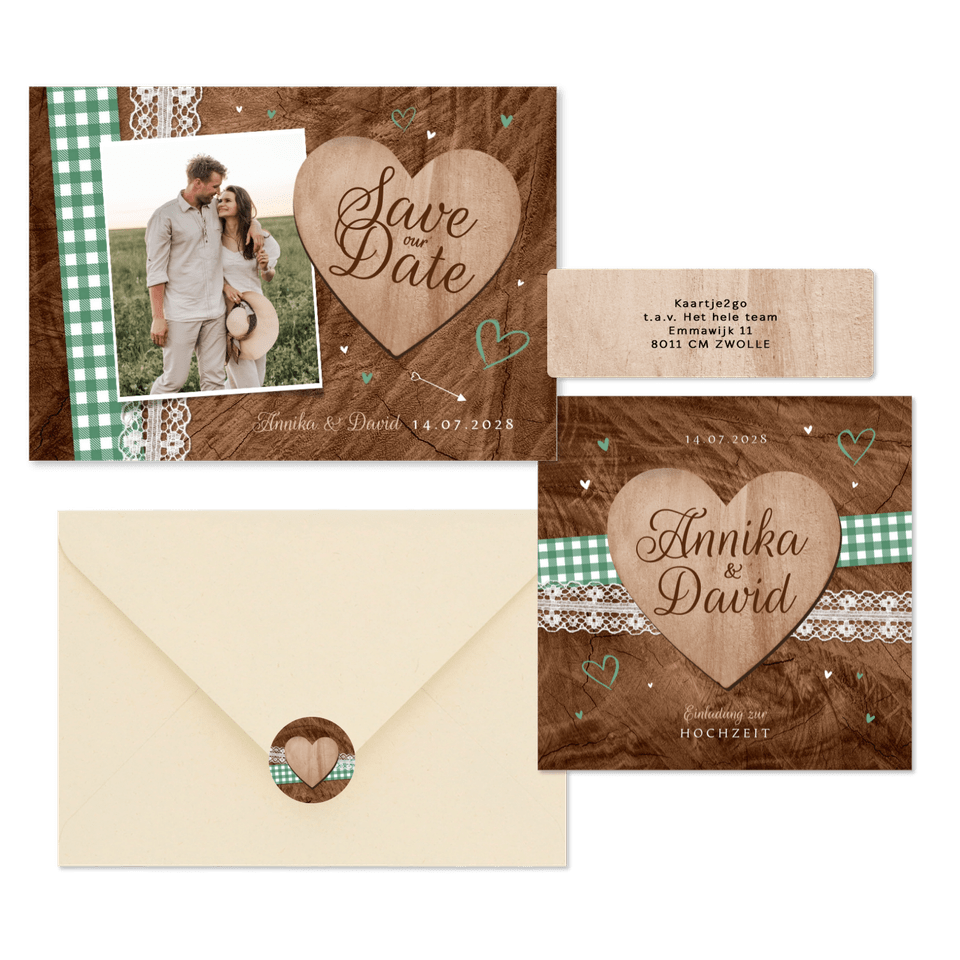 Hochzeitskartenset Trachtenlook auf Holz