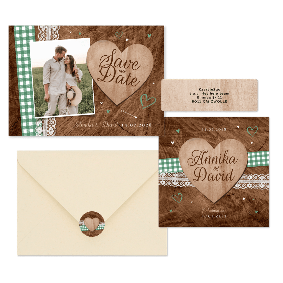 Hochzeitskartenset Trachtenlook auf Holz