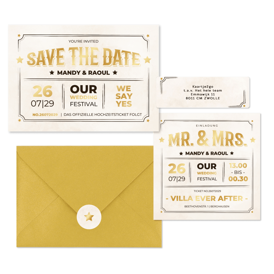 Vintage Hochzeitskartenset Ticket-Look