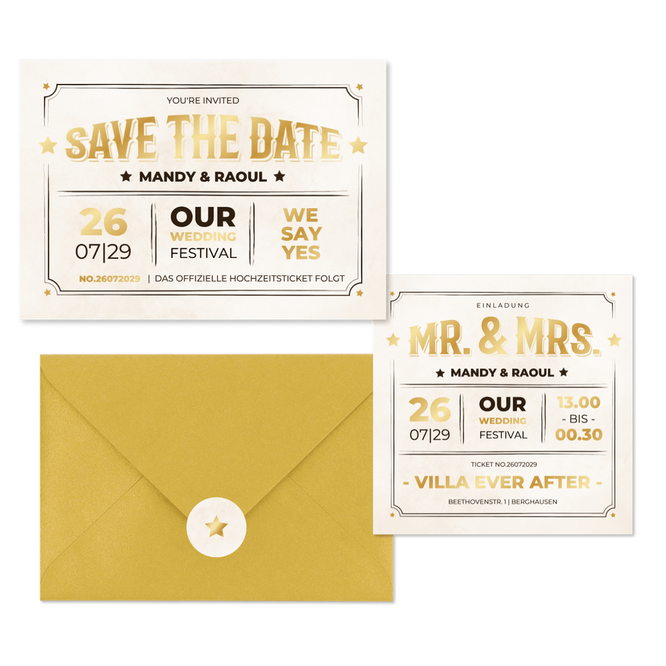 Vintage Hochzeitskartenset Ticket-Look