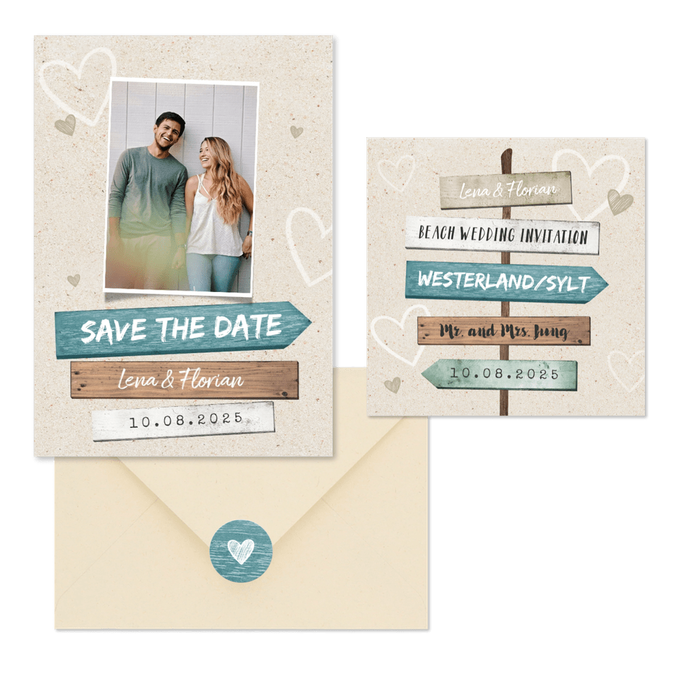Hochzeitskartenset Wegweiser Sandstrand