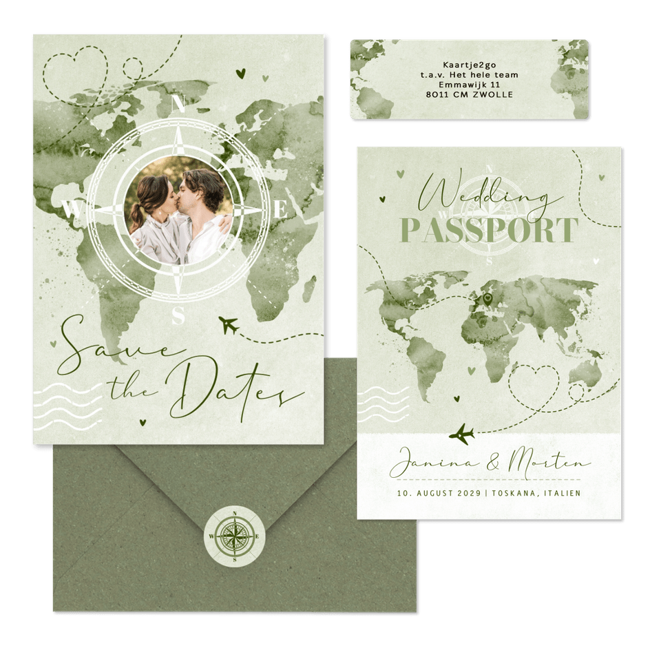 Hochzeitskartenset Aqaurell Weltkarte und Flugzeug in Grün