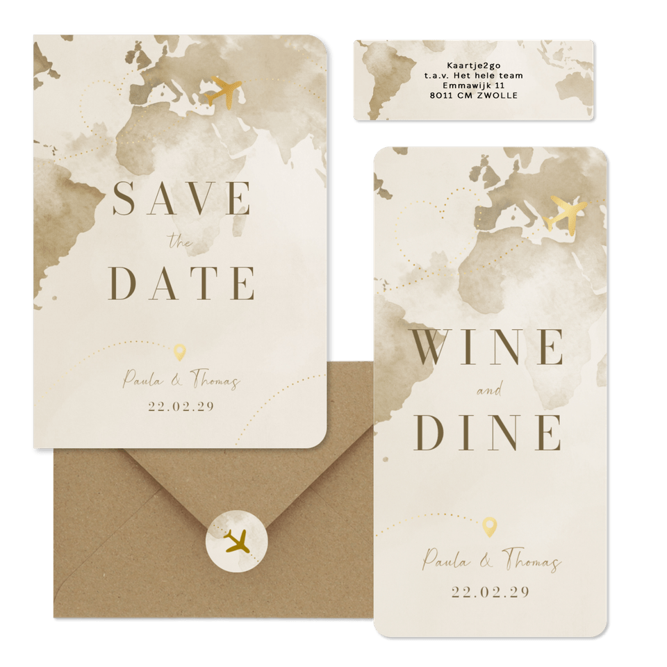 Hochzeitskartenset Aquarell Weltkare in Beige mit goldenem Flugzeug
