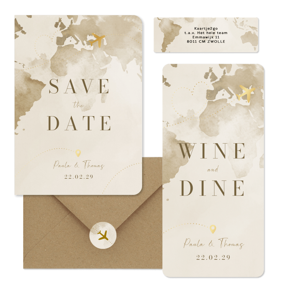 Hochzeitskartenset Aquarell Weltkare in Beige mit goldenem Flugzeug