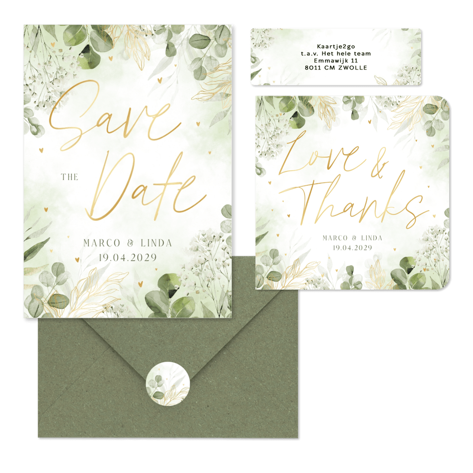 Hochzeitkartenset mit vielen grünen Zweige in Aquarell