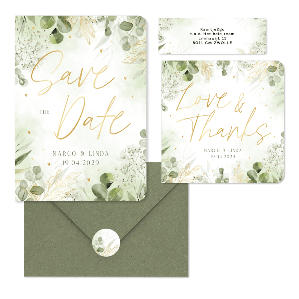 Hochzeitkartenset mit vielen grünen Zweige in Aquarell