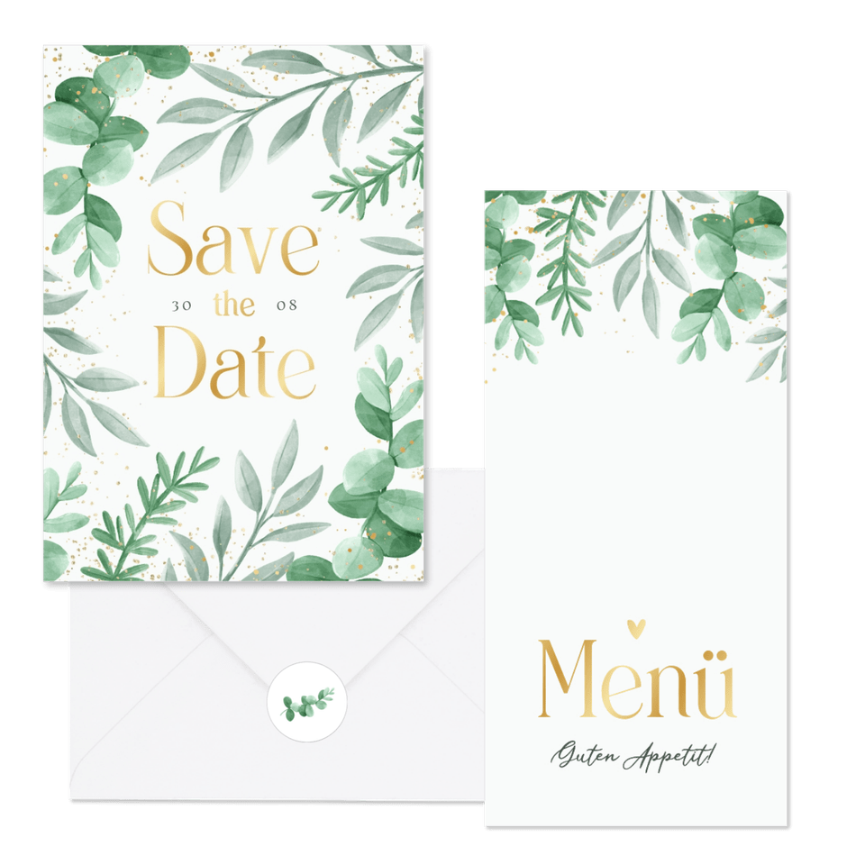 Hochzeitskartenset Blattgrün & Gold