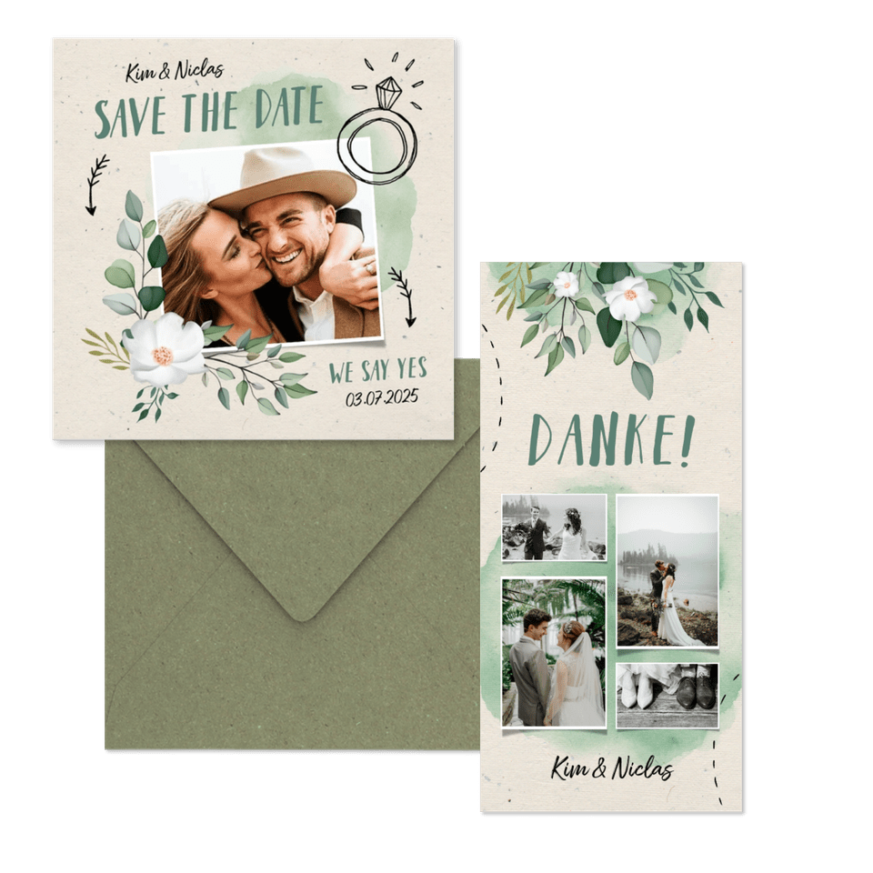 Hochzeitskartenset Botanisch mit Doodles