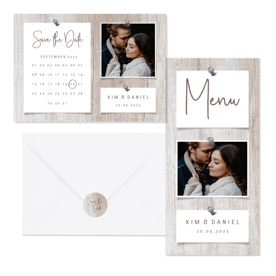 Hochzeitskartenset Fotocollage auf Holzhintergrund