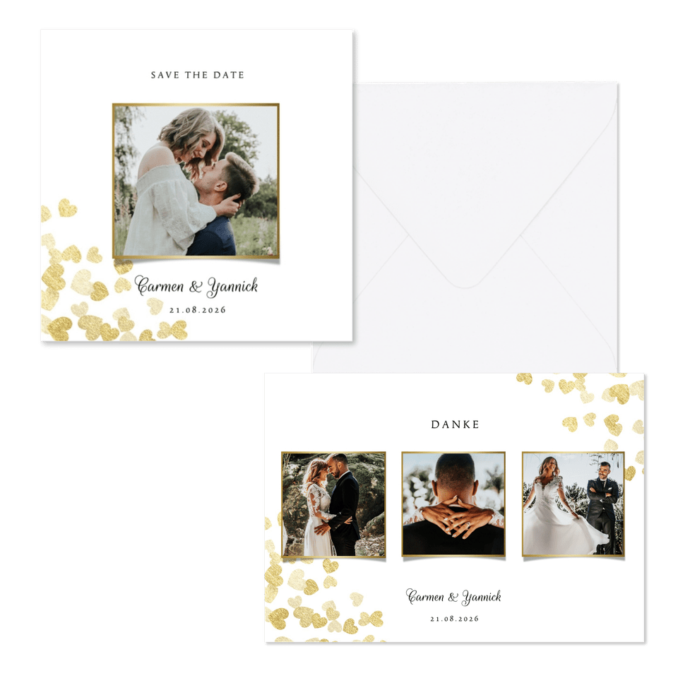 Hochzeitskartenset goldene Herzen Konfetti