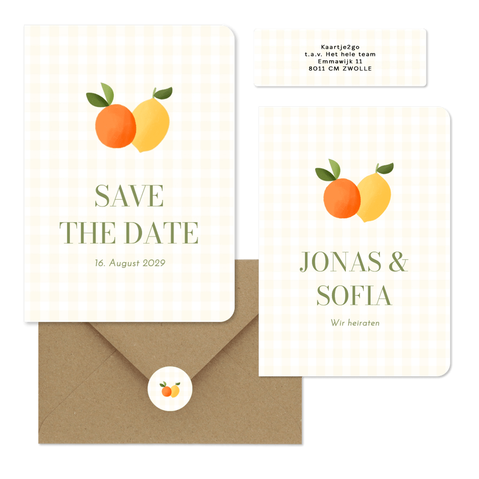 Hochzeitskartenset Mandarine und Zitrone auf gelben Karos