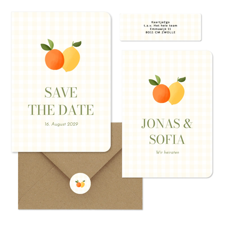 Hochzeitskartenset Mandarine und Zitrone auf gelben Karos