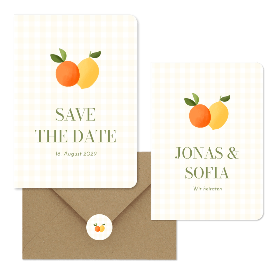 Hochzeitskartenset Mandarine und Zitrone auf gelben Karos