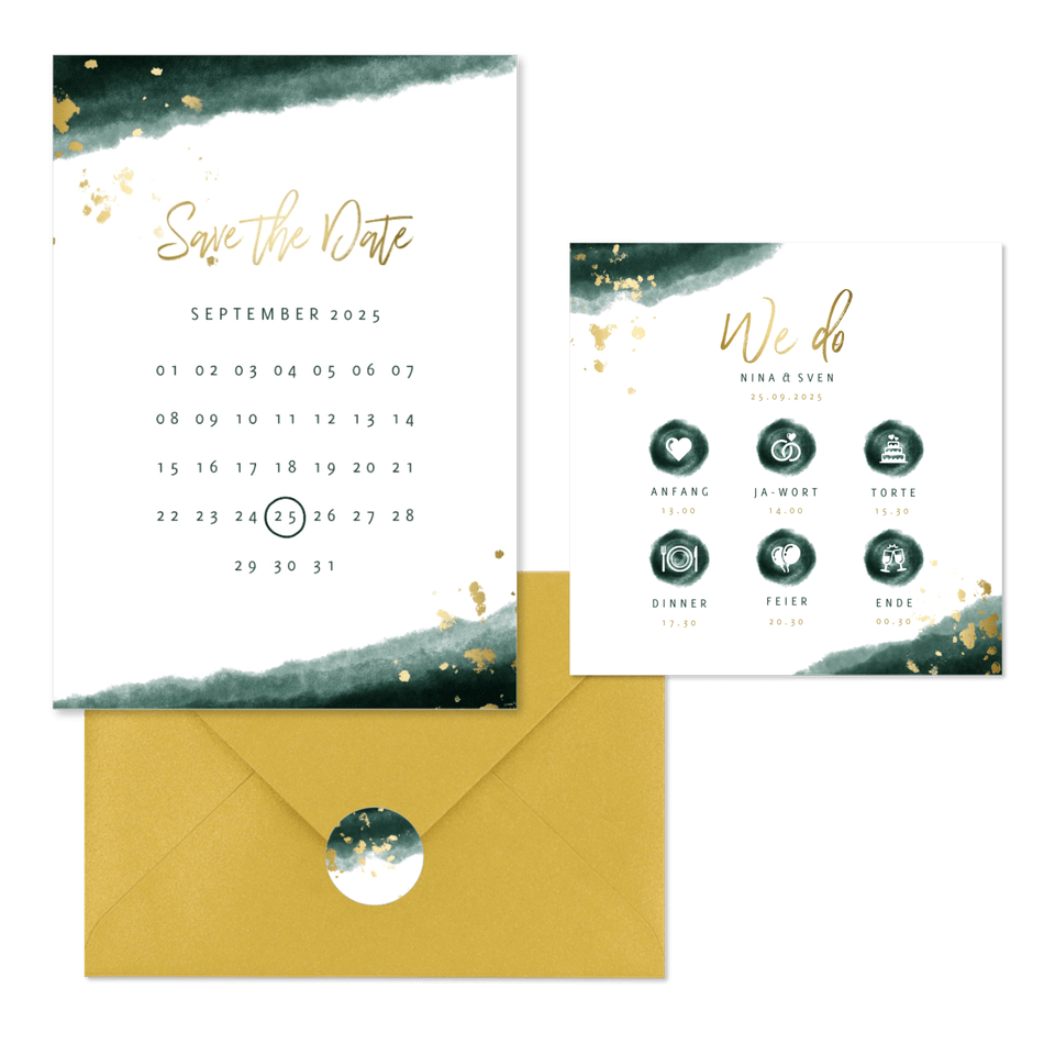 Hochzeitskartenset modernes Aquarell in Dunkelgrün