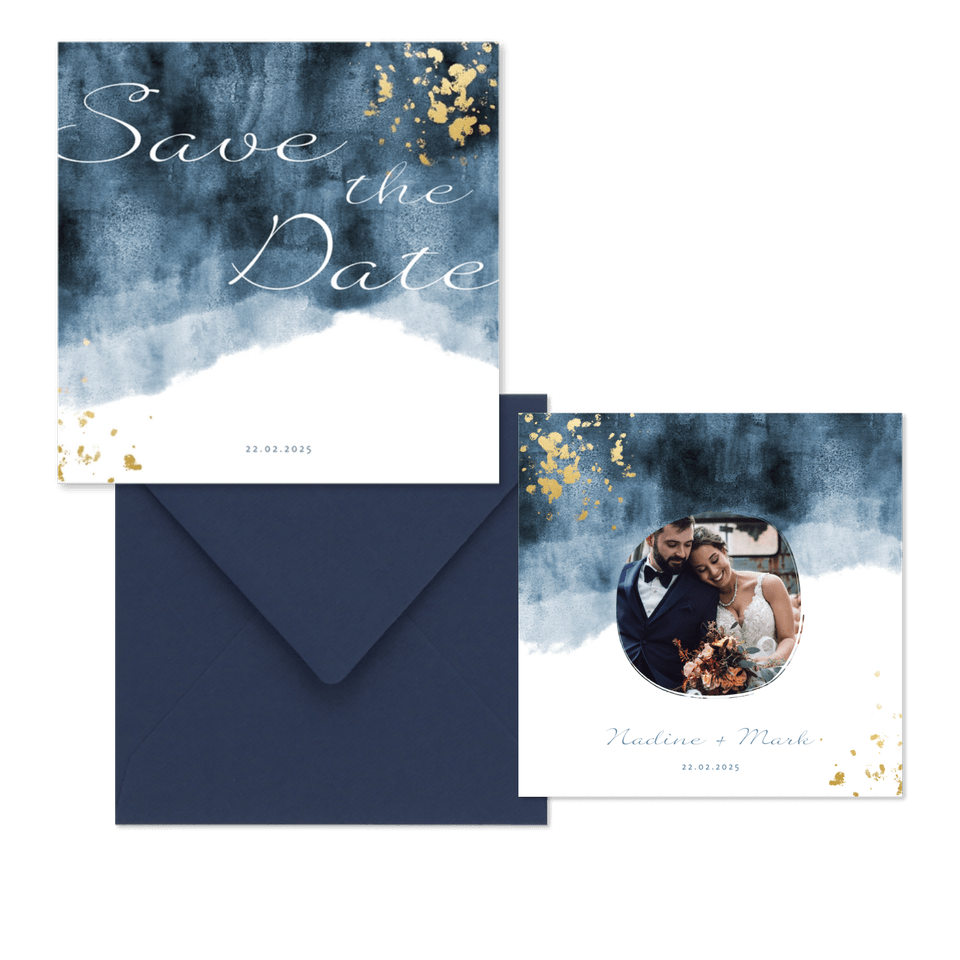 Hochzeitskartenset in blauem Aquarelldesign mit Goldflecken