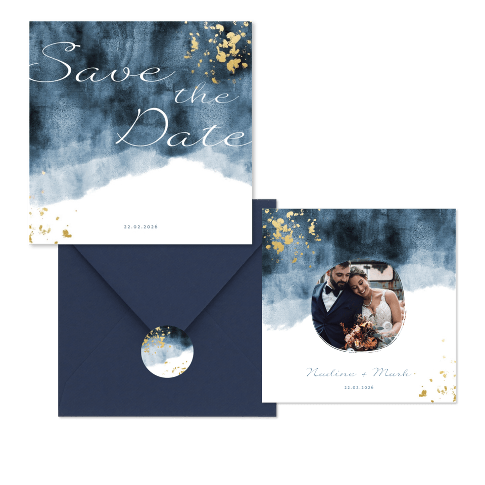 Hochzeitskartenset in blauem Aquarelldesign mit Goldflecken