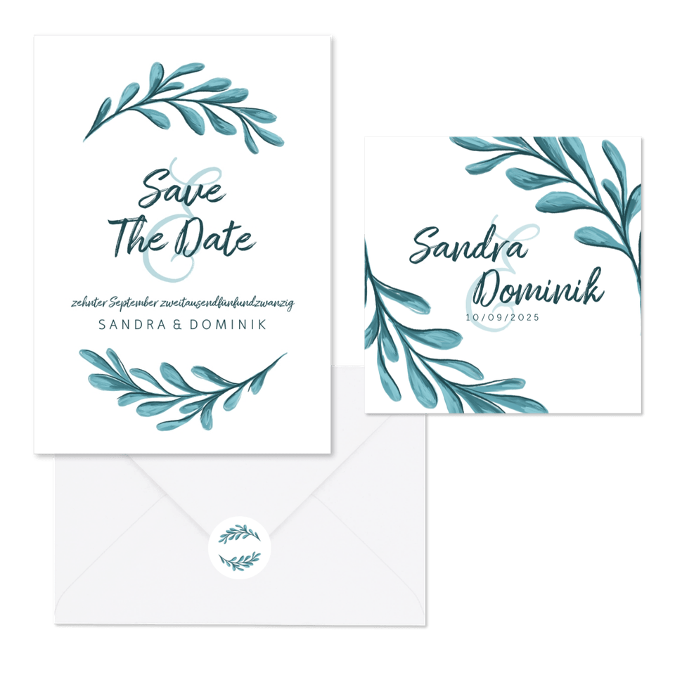 Hochzeitskartenset Zweige in Türkis Illustration