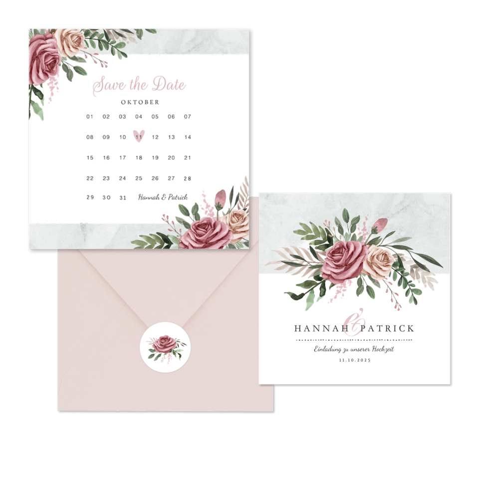 Hochzeitskartenset klassisches Rosenbukett