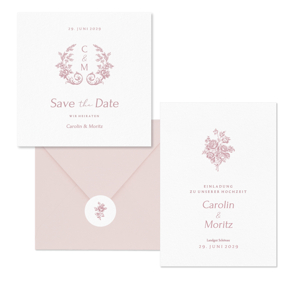 Hochzeitskartenset Altrosa englische Rosen klassisch