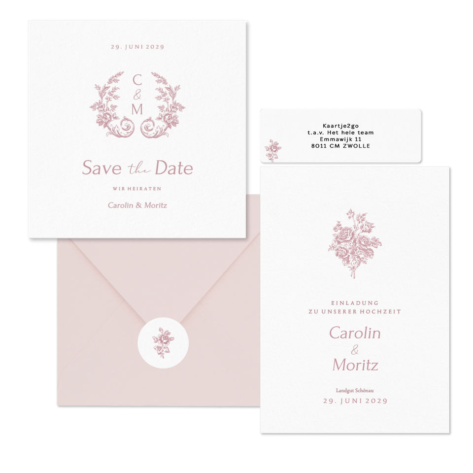 Hochzeitskartenset Altrosa englische Rosen klassisch