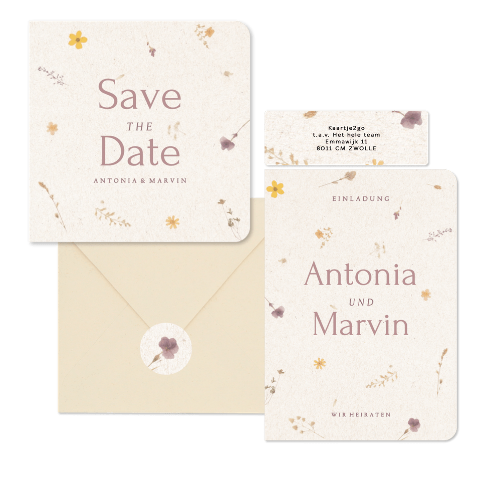 Hochzeitskartenset Schöpfpapier mit gepressten Blumen