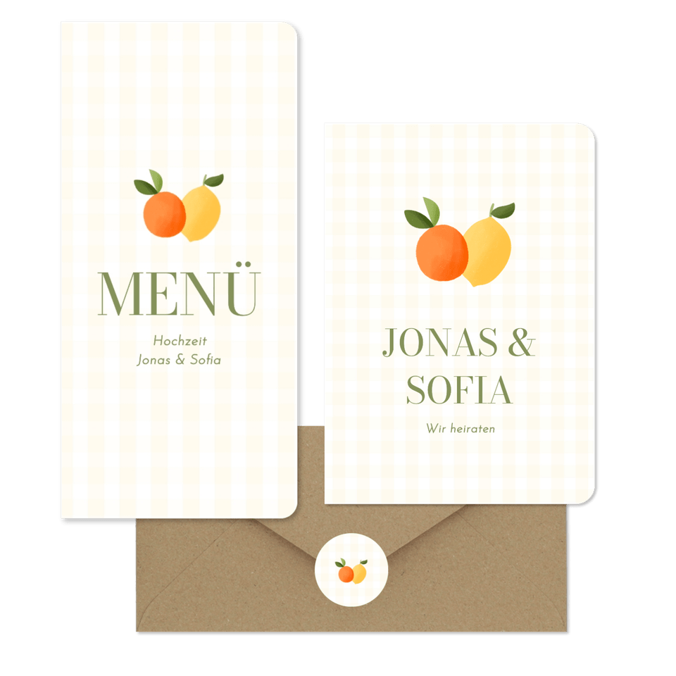 Hochzeitskartenset Mandarine und Zitrone auf gelben Karos