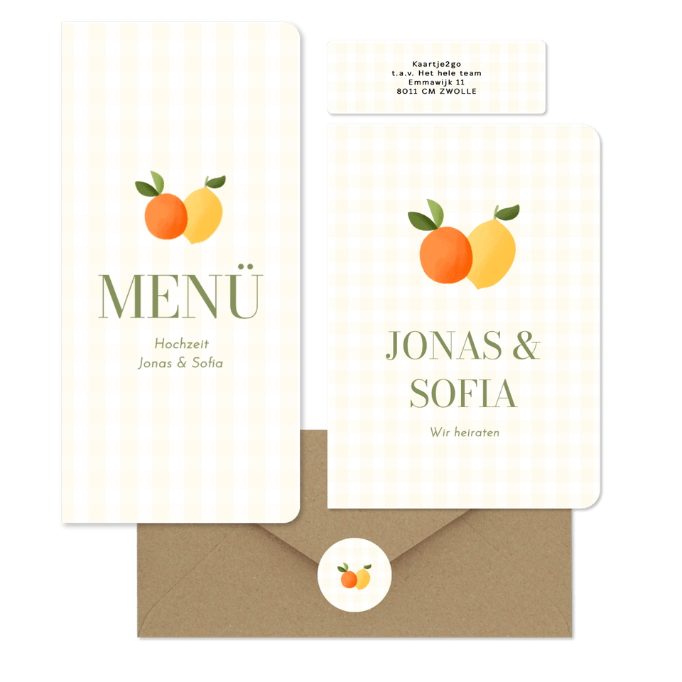 Hochzeitskartenset Mandarine und Zitrone auf gelben Karos
