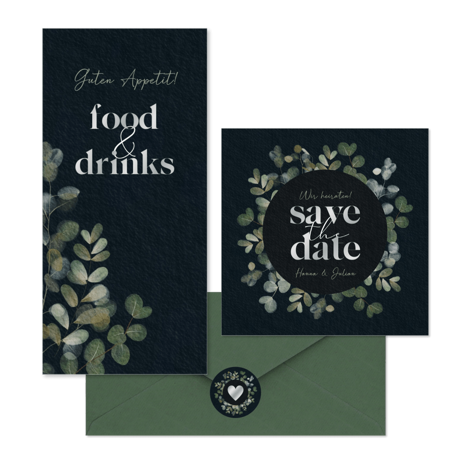 Hochzeitskartenset mit Eukalyptus auf Schwarz