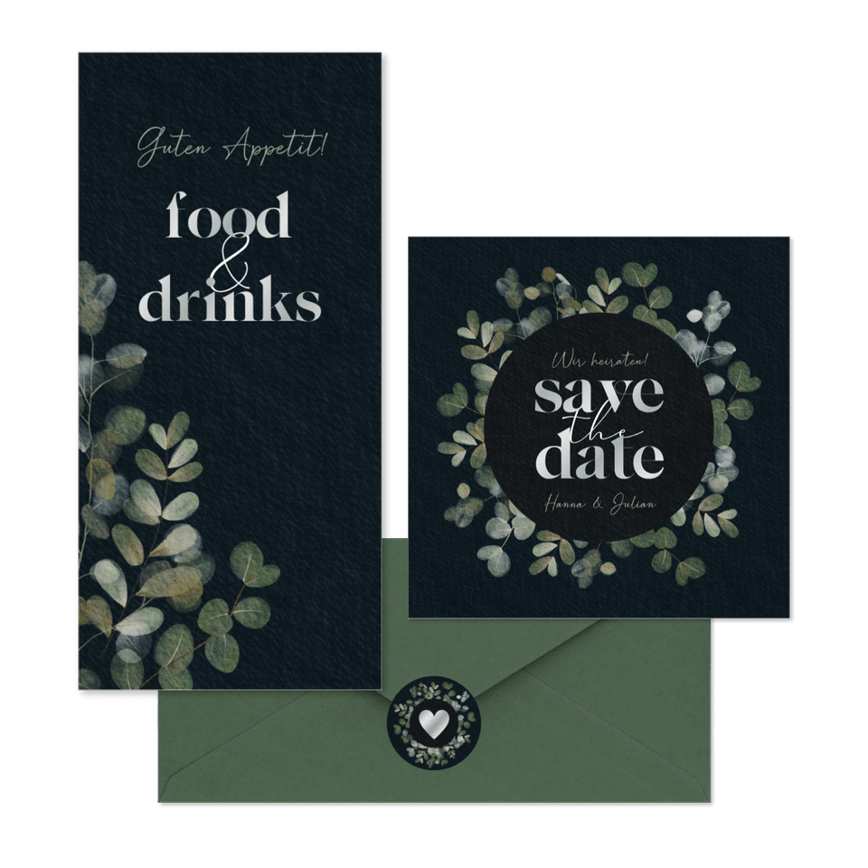 Hochzeitskartenset mit Eukalyptus auf Schwarz