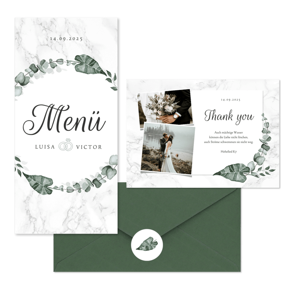 Hochzeitskartenset helles Marmor mit Botanik