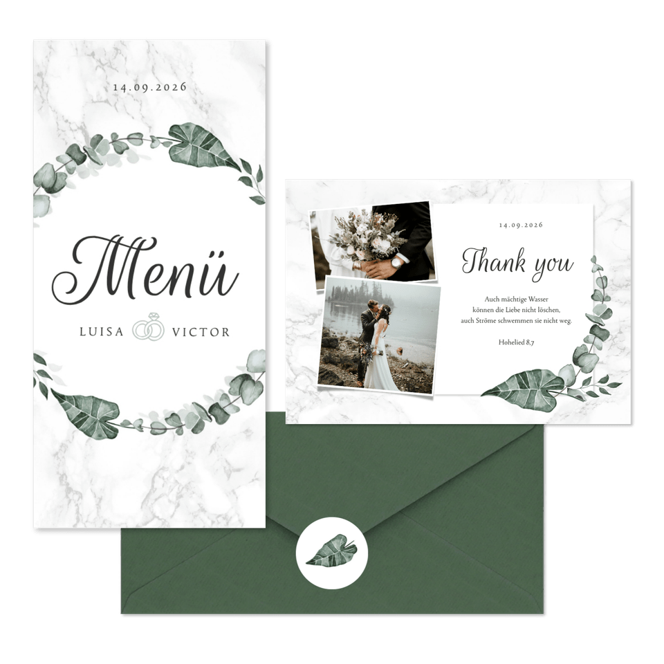 Hochzeitskartenset helles Marmor mit Botanik