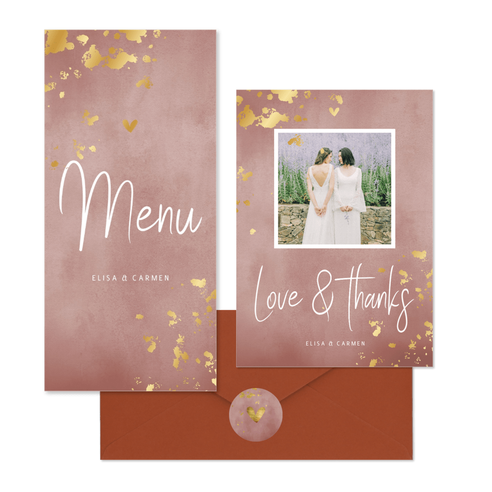 Hochzeitskartenset rosa Aquarell mit Goldtupfen