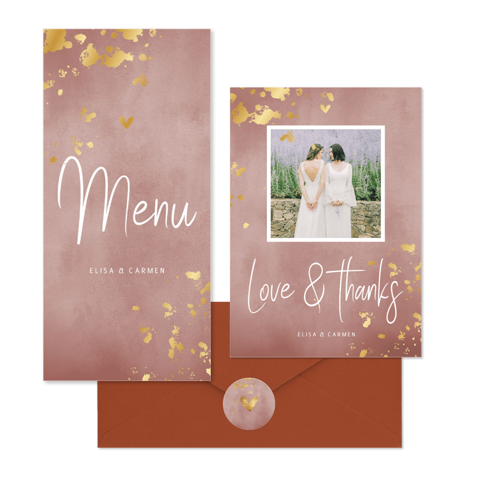 Hochzeitskartenset rosa Aquarell mit Goldtupfen