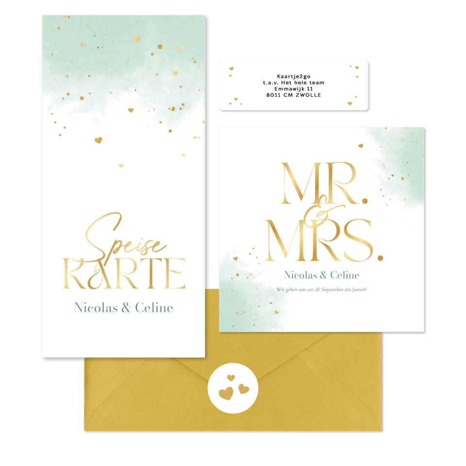 Hochzeitskartenset Wasserfarbe in Mintgrün & Gold