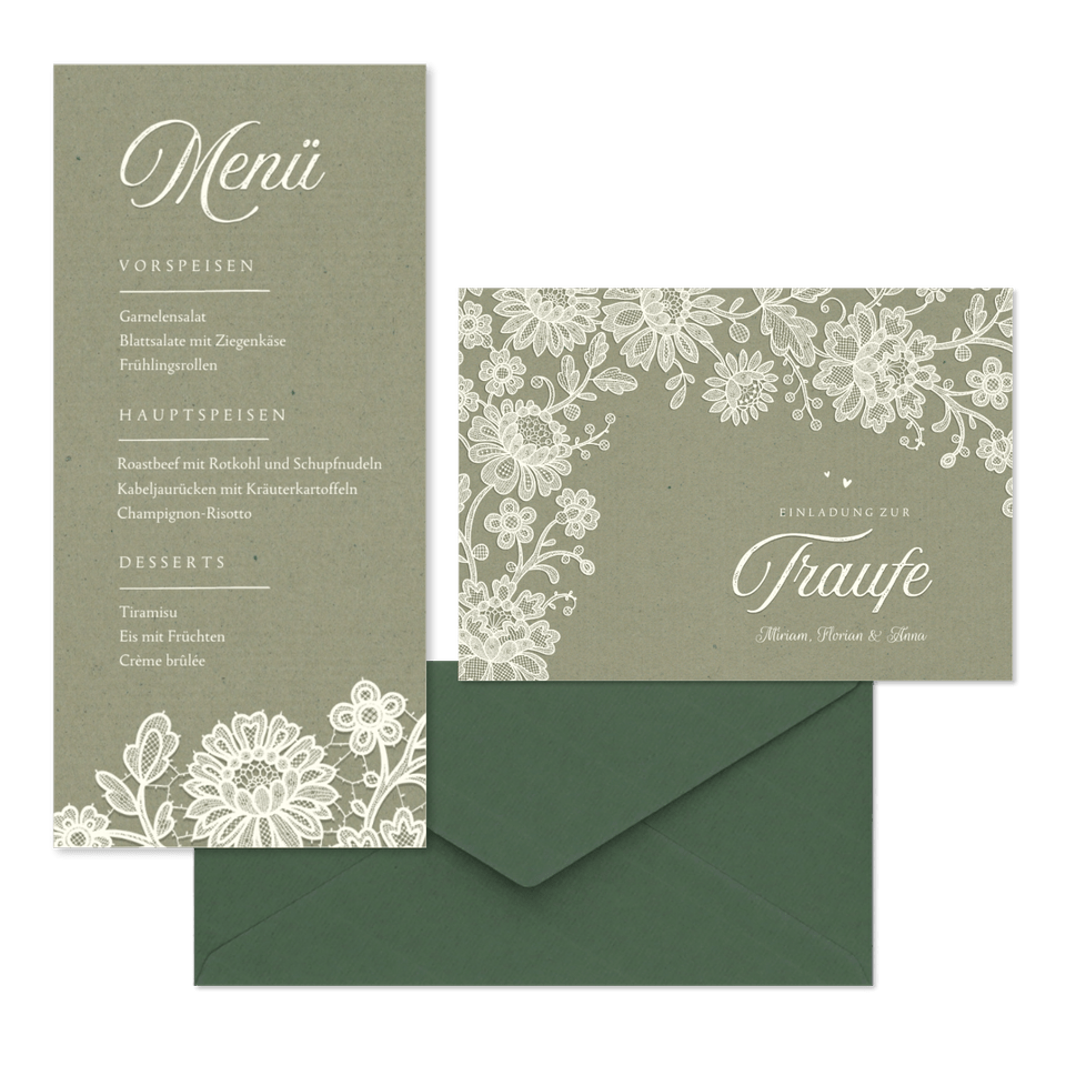 Hochzeitskartenset Spitze auf Olivgrün