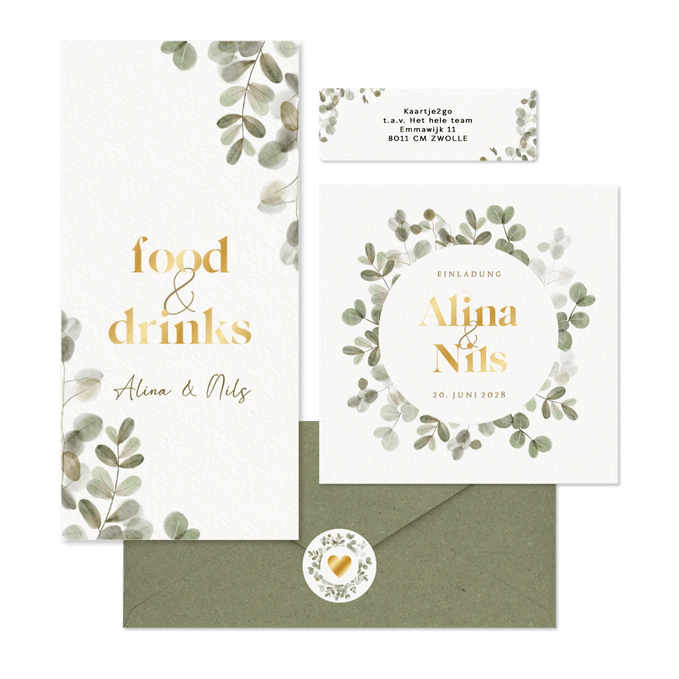 Hochzeitskartenset mit Eukalyptuskranz und Goldschrift