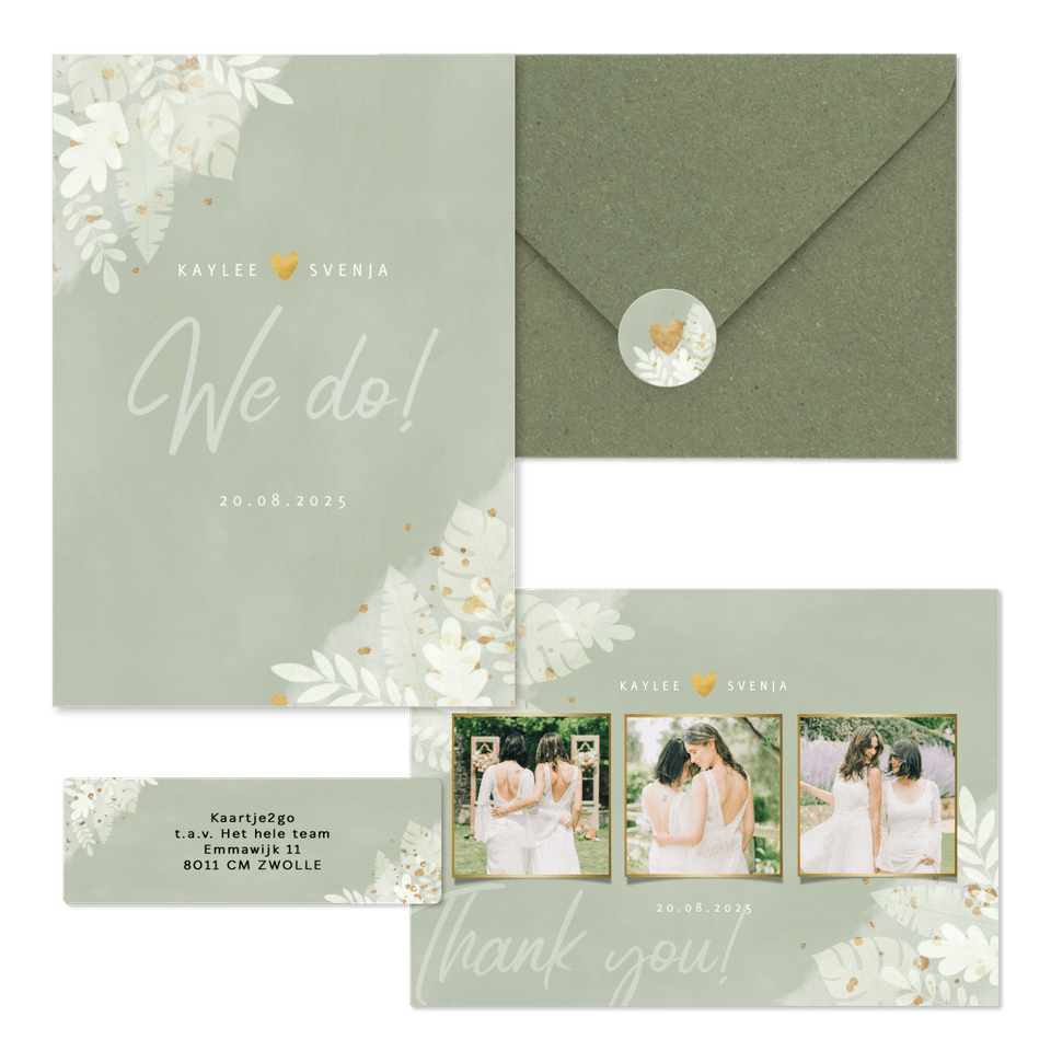 Hochzeitskartenset weiße Zweige auf grünem Aquarell