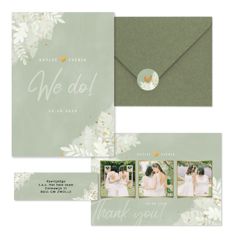 Hochzeitskartenset weiße Zweige auf grünem Aquarell