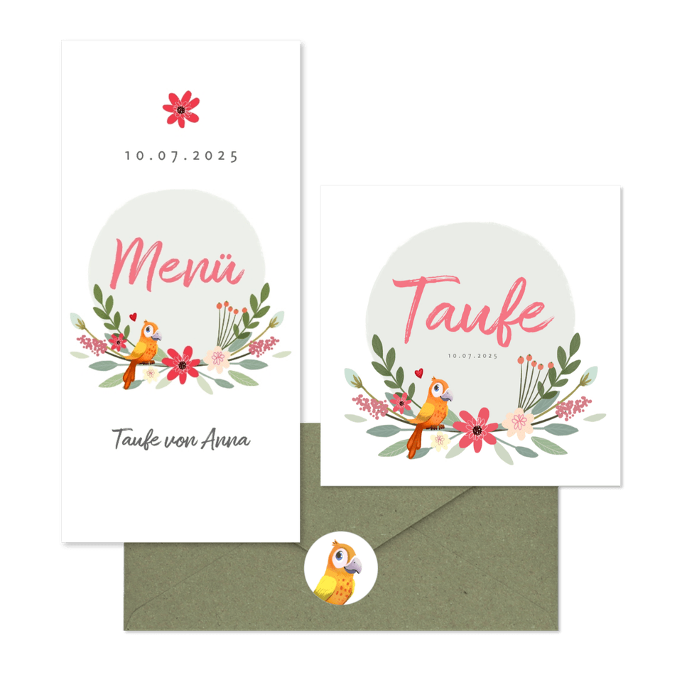 Taufe - Papagei & Blumen