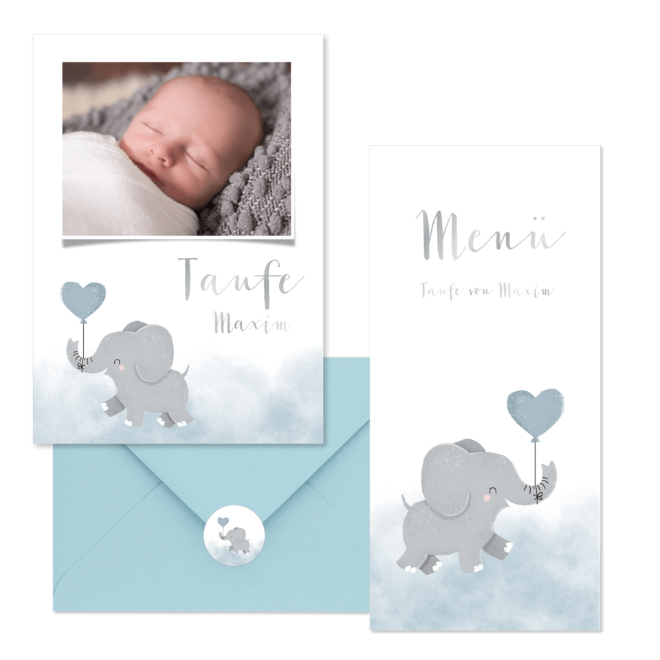 Taufe - Elefant mit Luftballon blau