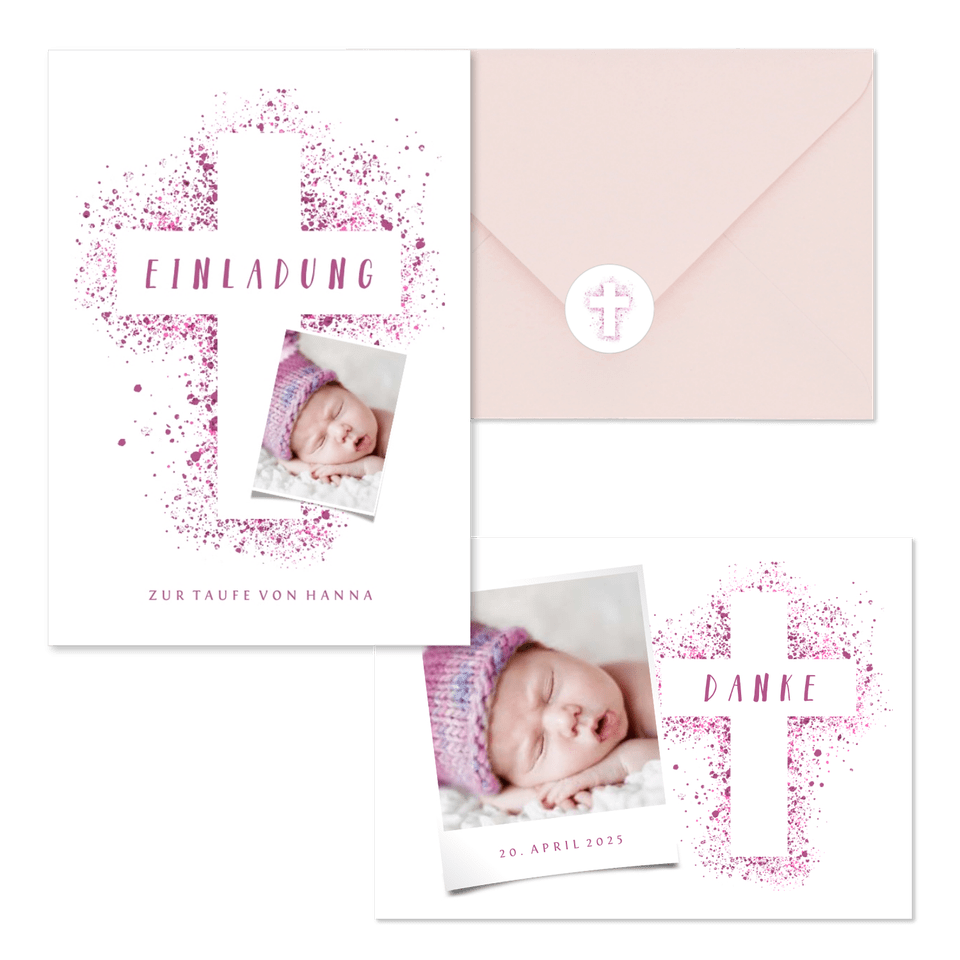Taufe - Kreuz Farbspritzer rosa